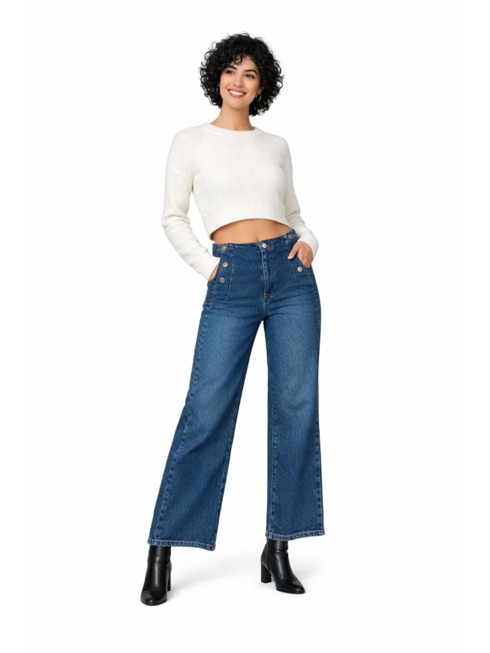 ZARA Wide Leg Button Size 6 Side Jeans Denim High Waist